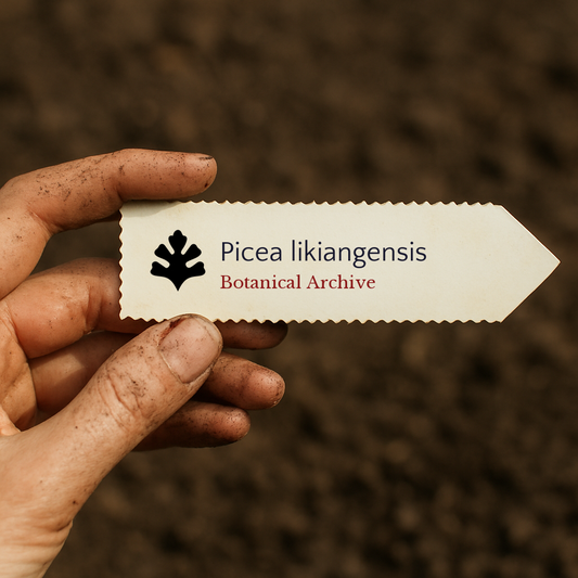 Printed plant label for Picea likiangensis held by dirty hand over soil background