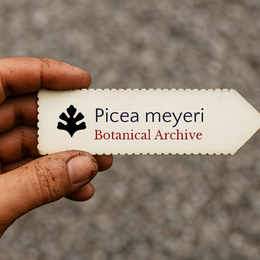 Printed plant label for Picea meyeri held by hand with dirt on fingers outdoors