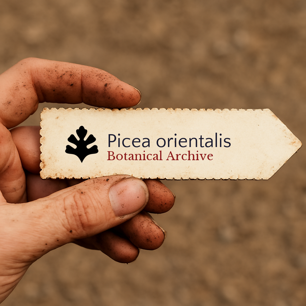Printed plant label for Picea orientalis held by dirty hand against soil background