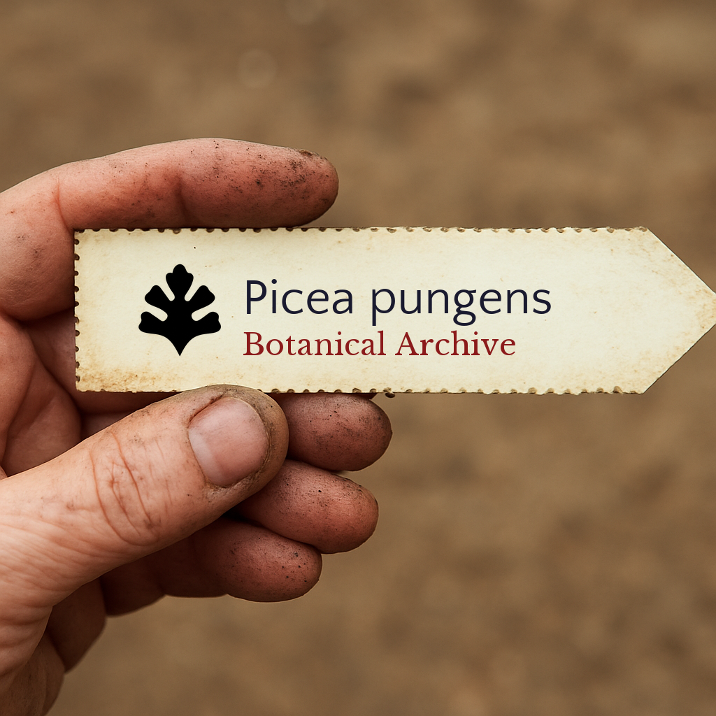 Etichetta per piante stampata per Picea pungens tenuta da mano sporca all'aperto