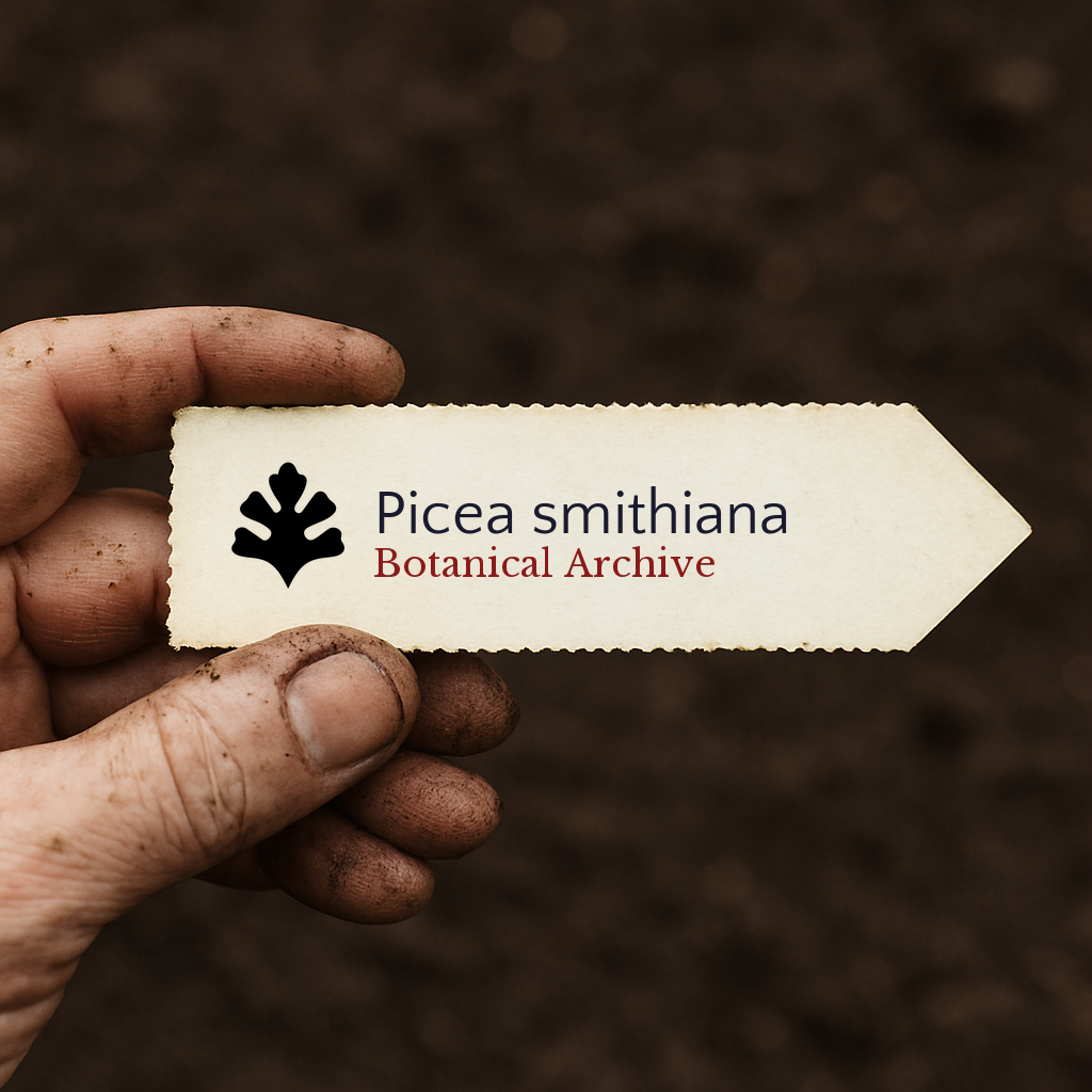 Printed plant label for Picea smithiana held by hand with soil background