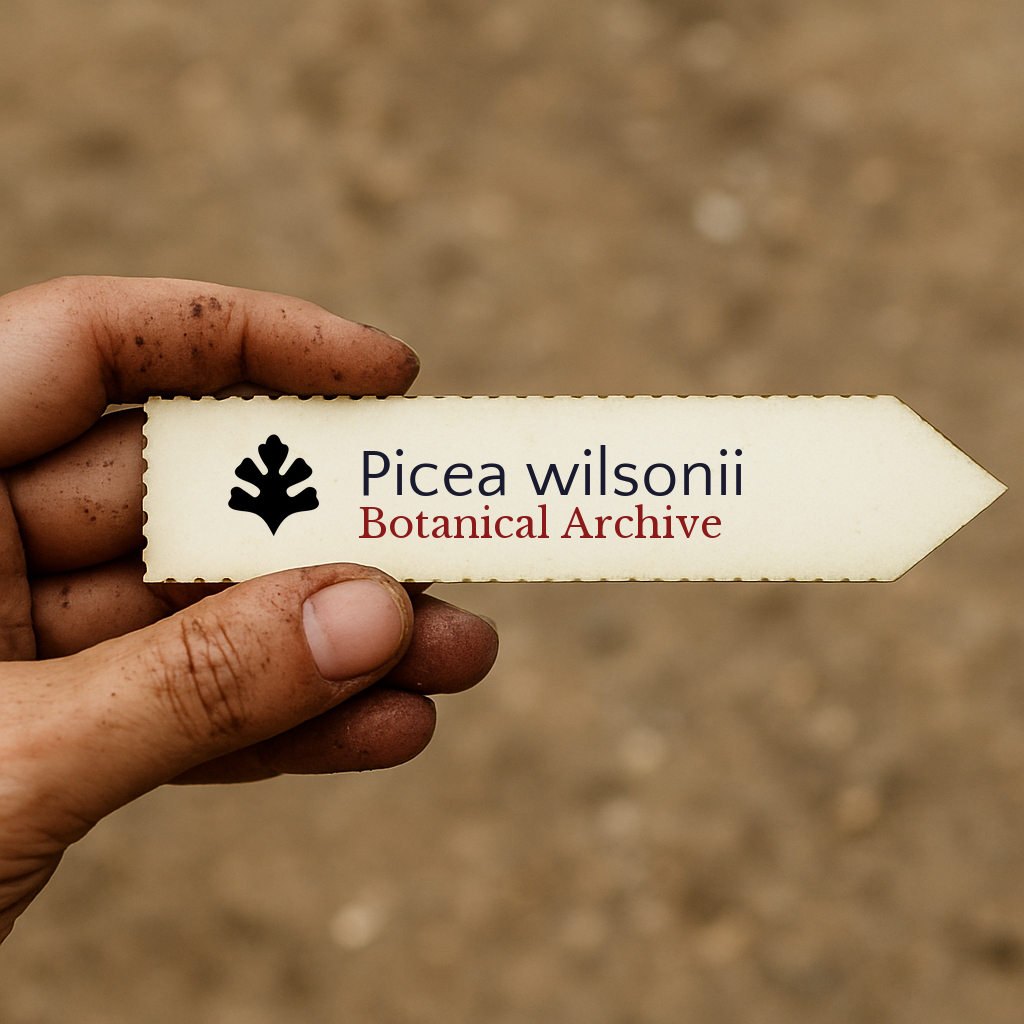 Printed plant label for Picea wilsonii held by hand with soil background