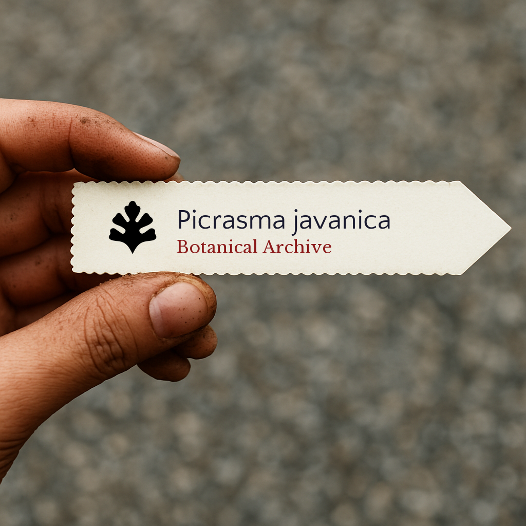 Printed plant label for Picrasma javanica with botanical archive logo held by hand