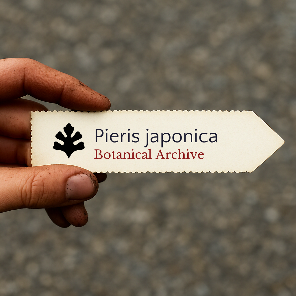 Printed plant label for Pieris japonica held by hand with dirt background