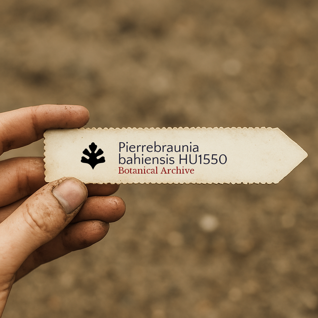 Printed plant label for Pierrebraunia bahiensis HU1550 held by hand with soil background