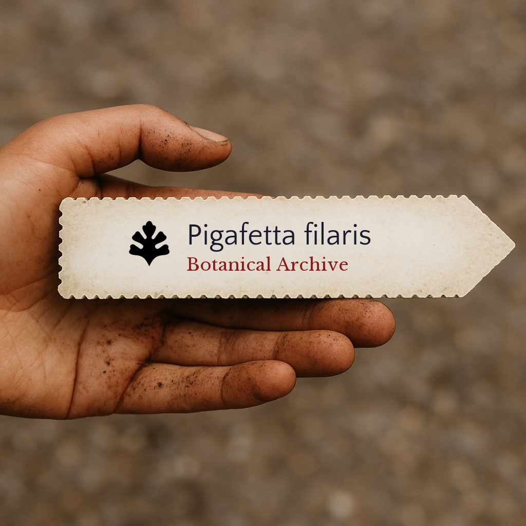 Printed plant label for Pigafetta filaris held by dirty hand on blurred background