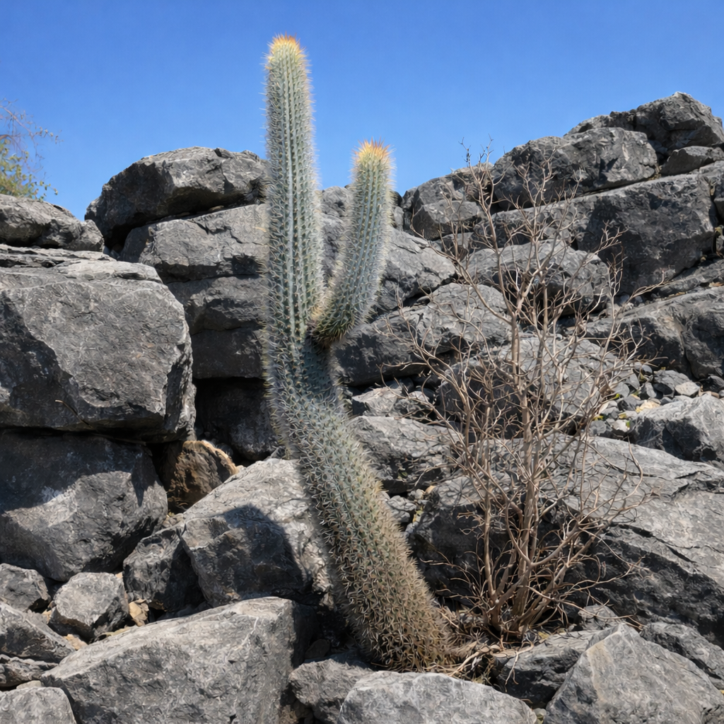 Pilosocereus boolei tall rare cactus with spiny blue-green stems among rocky terrain