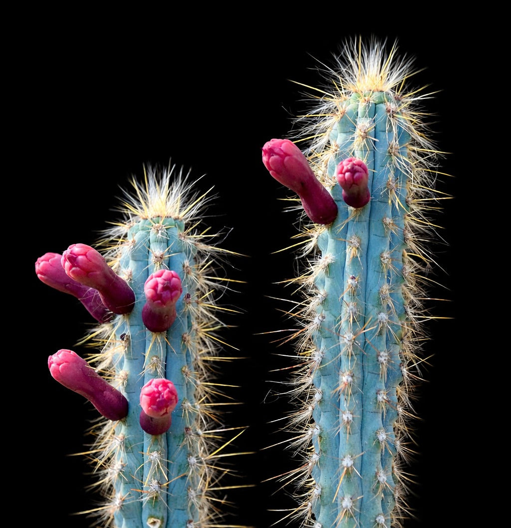 Pilosocereus glaucescens blue cactus stems with yellow spines and pink flower buds