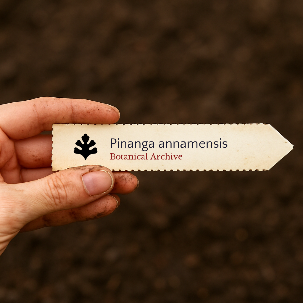 Printed plant label for Pinanga annamensis held by hand over soil background