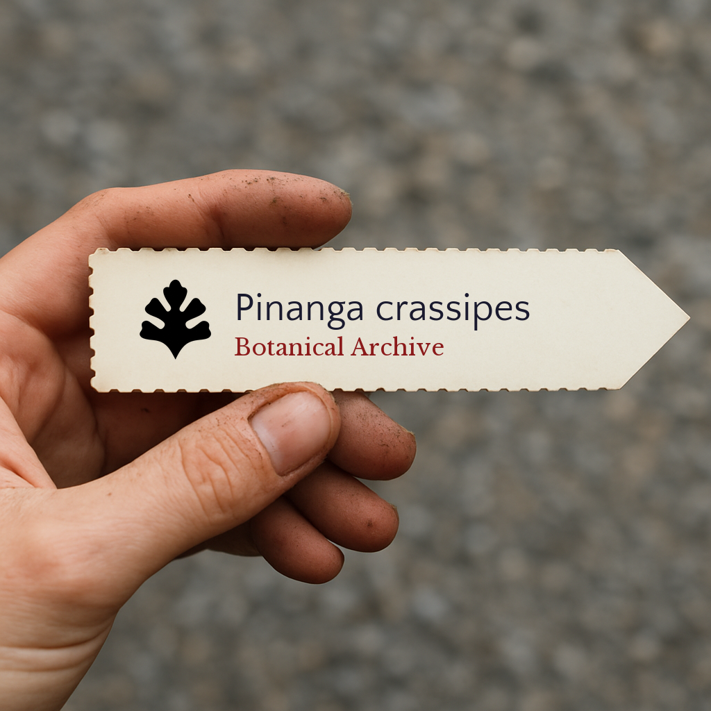 Printed plant label for Pinanga crassipes with botanical archive logo held by hand