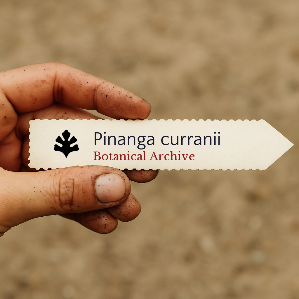 Etichetta per pianta stampata per Pinanga curranii tenuta a mano con terra sulle dita