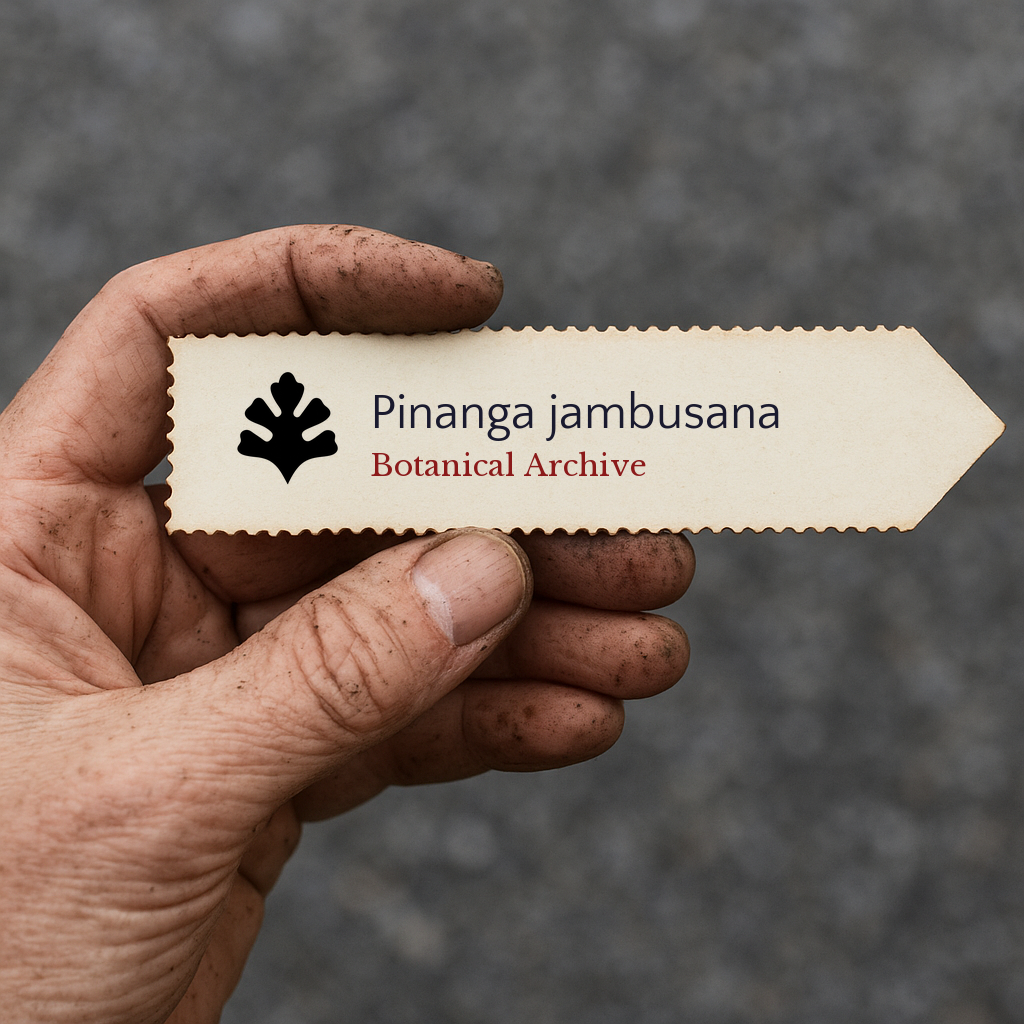 Printed plant label for Pinanga jambusana held by a dirt-covered hand