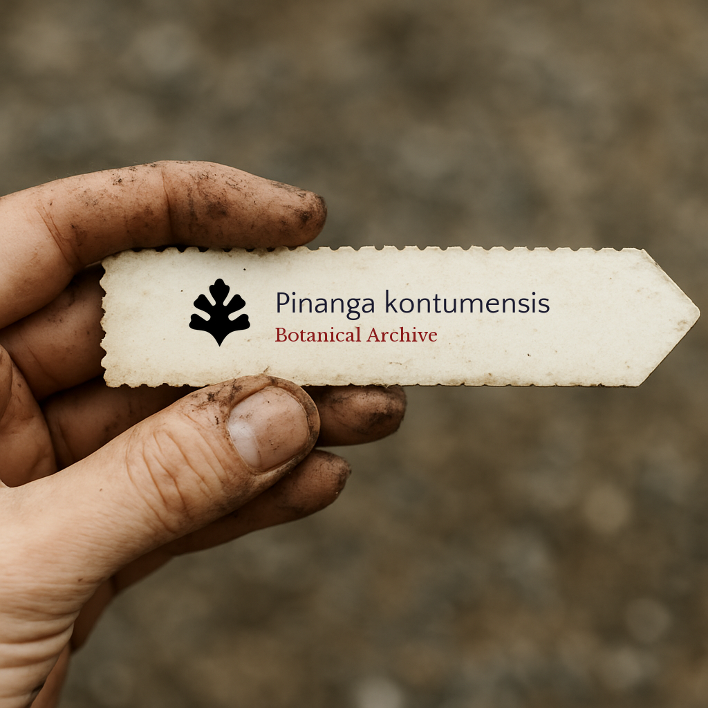 Printed plant label for Pinanga kontumensis held by dirty hand outdoors