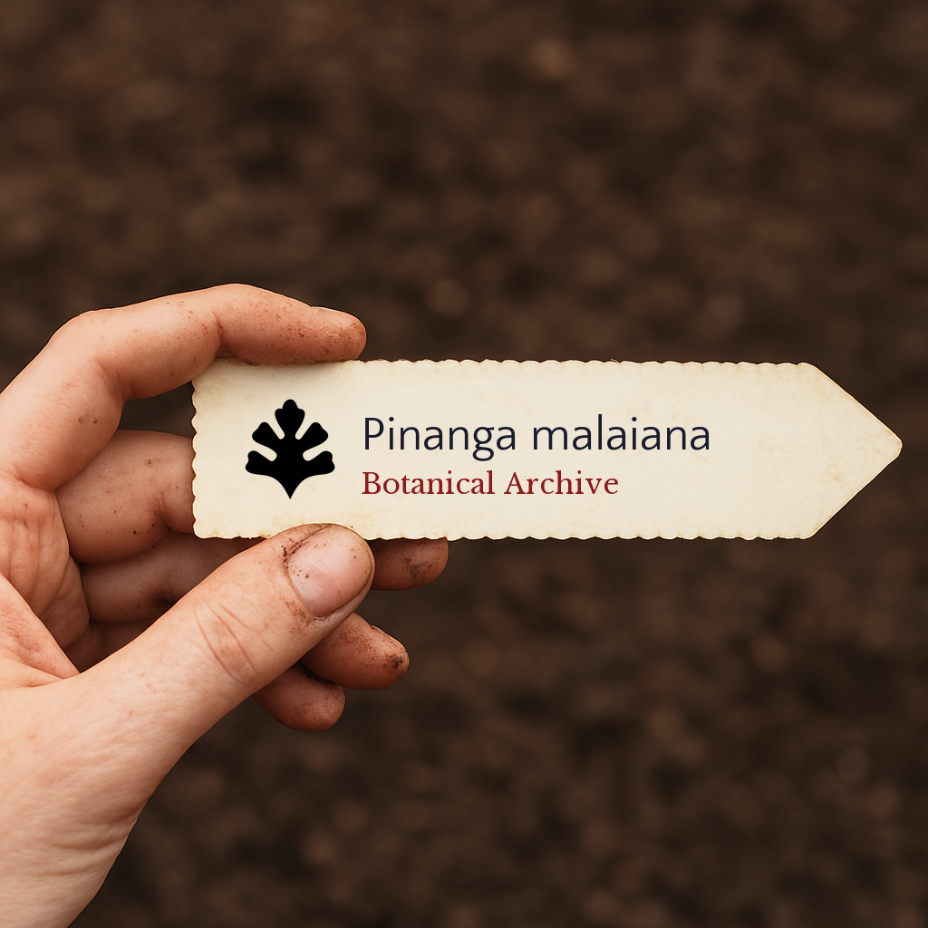 Etichetta per pianta stampata per Pinanga malaiana tenuta a mano con sfondo di terreno