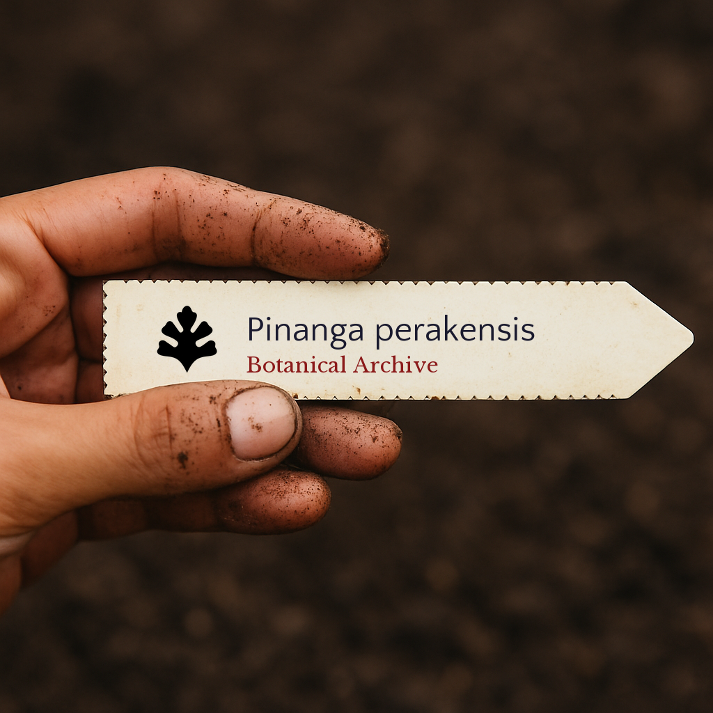 Plant label for Pinanga perakensis held by hand with soil background