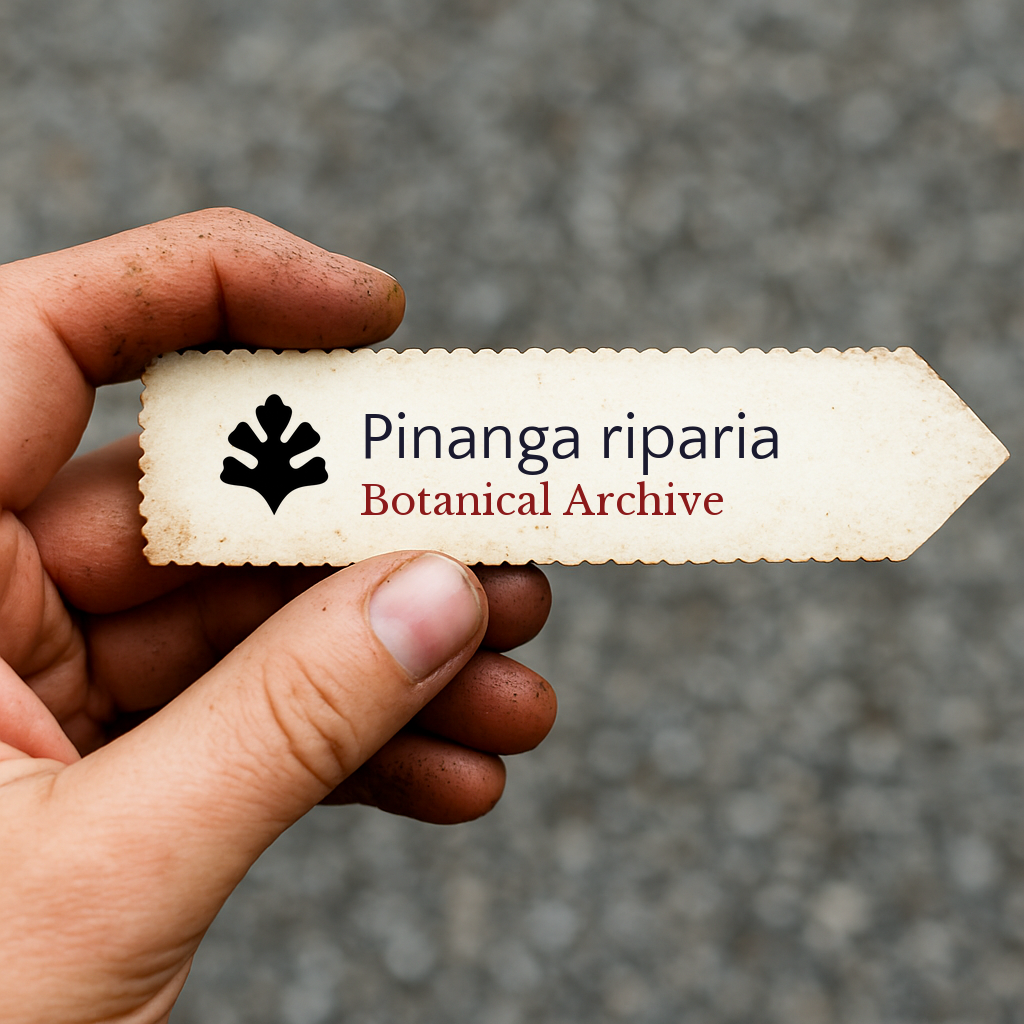 Printed plant label for Pinanga riparia held by hand with dirt on fingers
