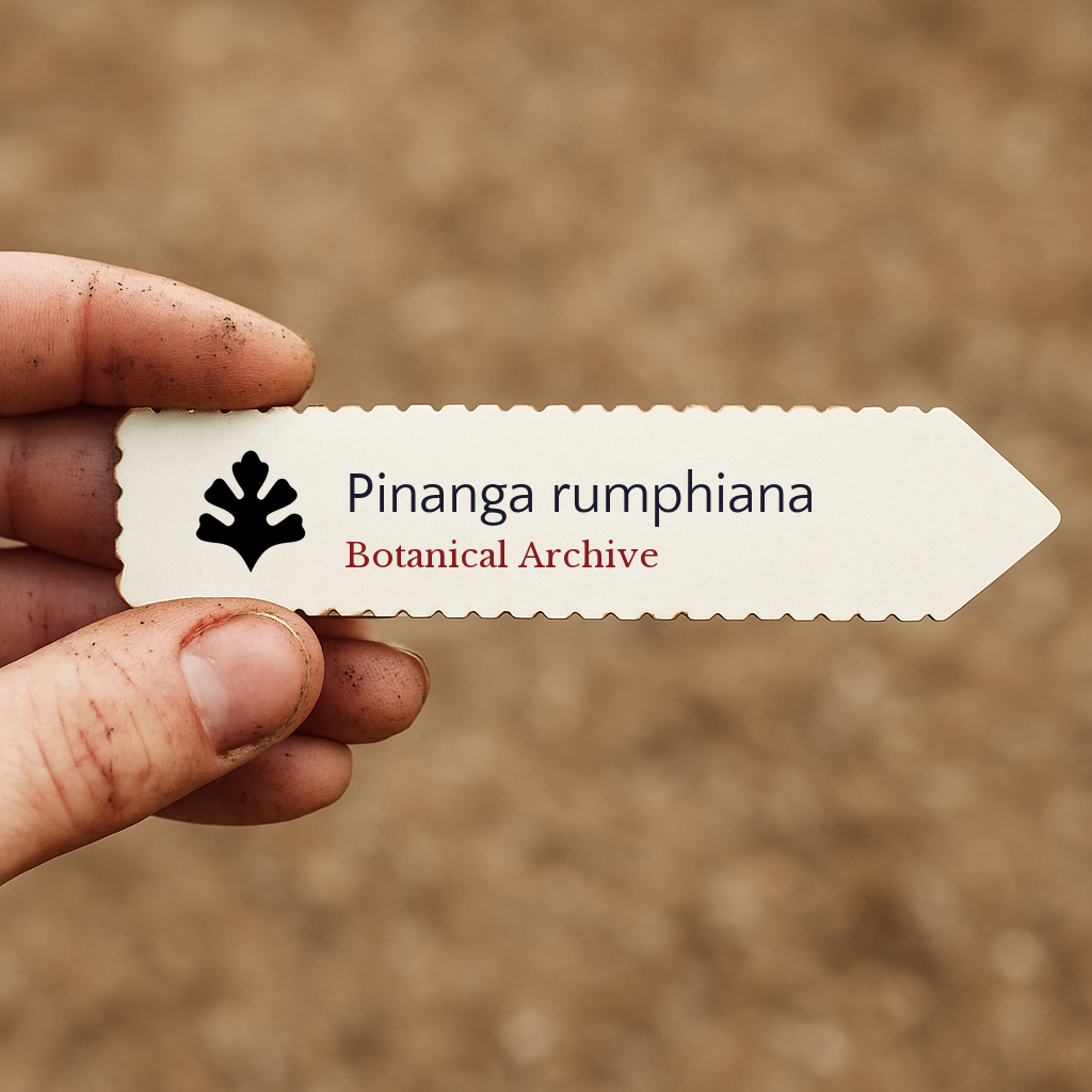 Printed plant label for Pinanga rumphiana held by hand with soil background