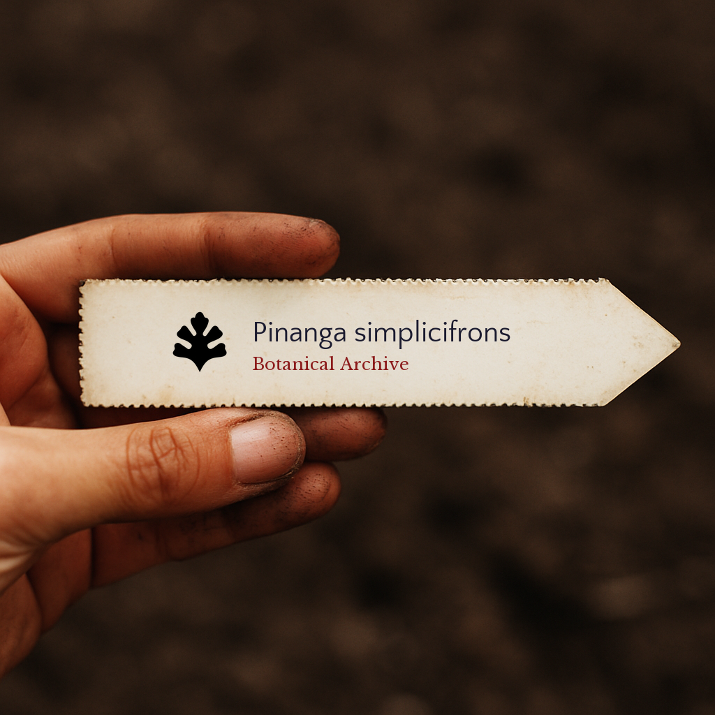 Printed plant label for Pinanga simplicifrons held by hand with soil background