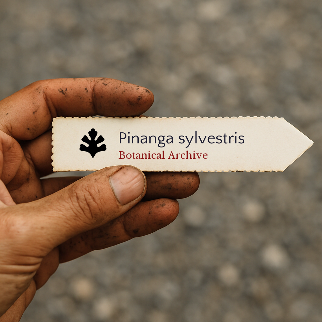 Printed plant label for Pinanga sylvestris held by dirty hand outdoors