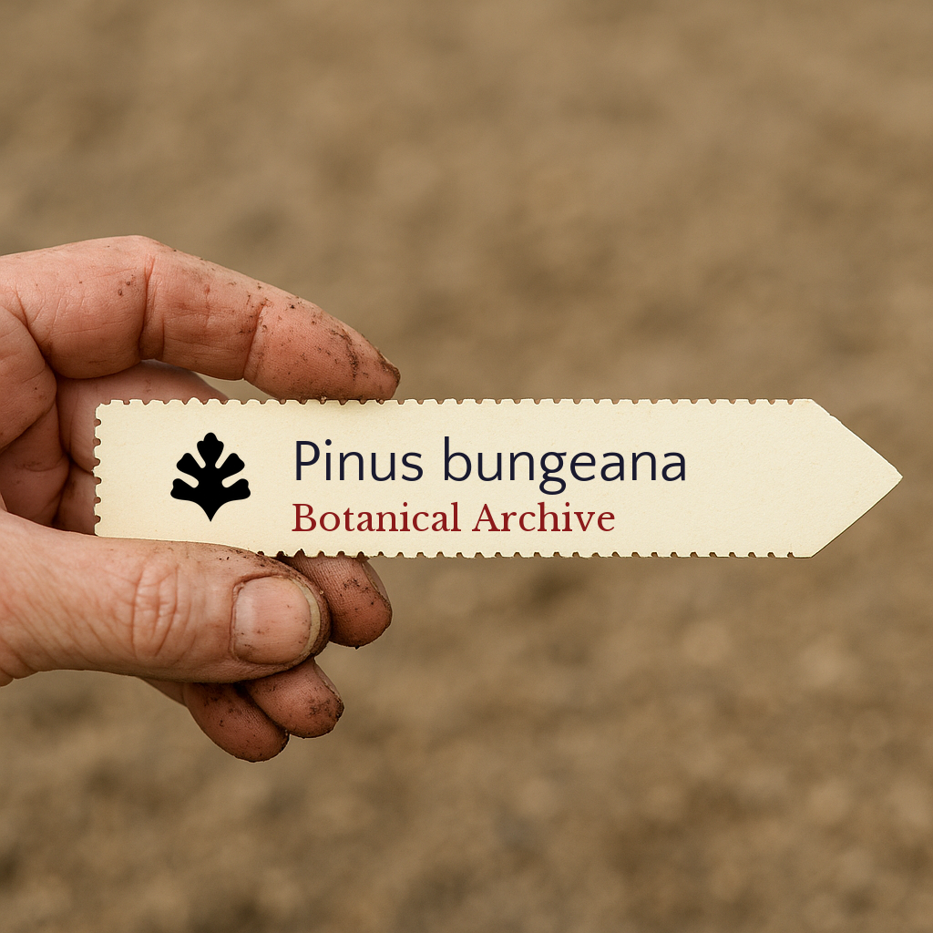 Printed plant label for Pinus bungeana held by hand with soil background