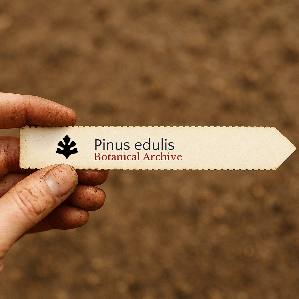 Printed plant label for Pinus edulis held by hand with soil background