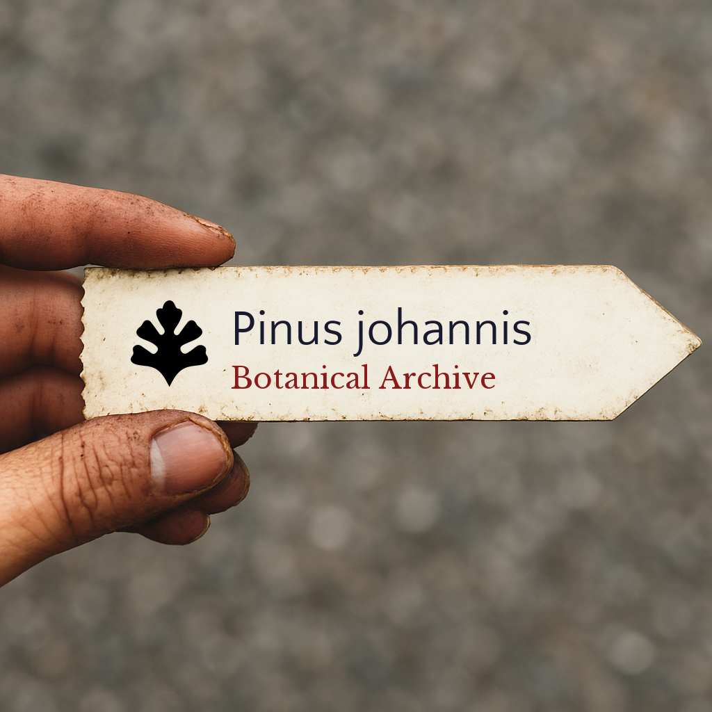 Etichetta per piante stampata per Pinus johannis con testo Botanical Archive tenuta a mano