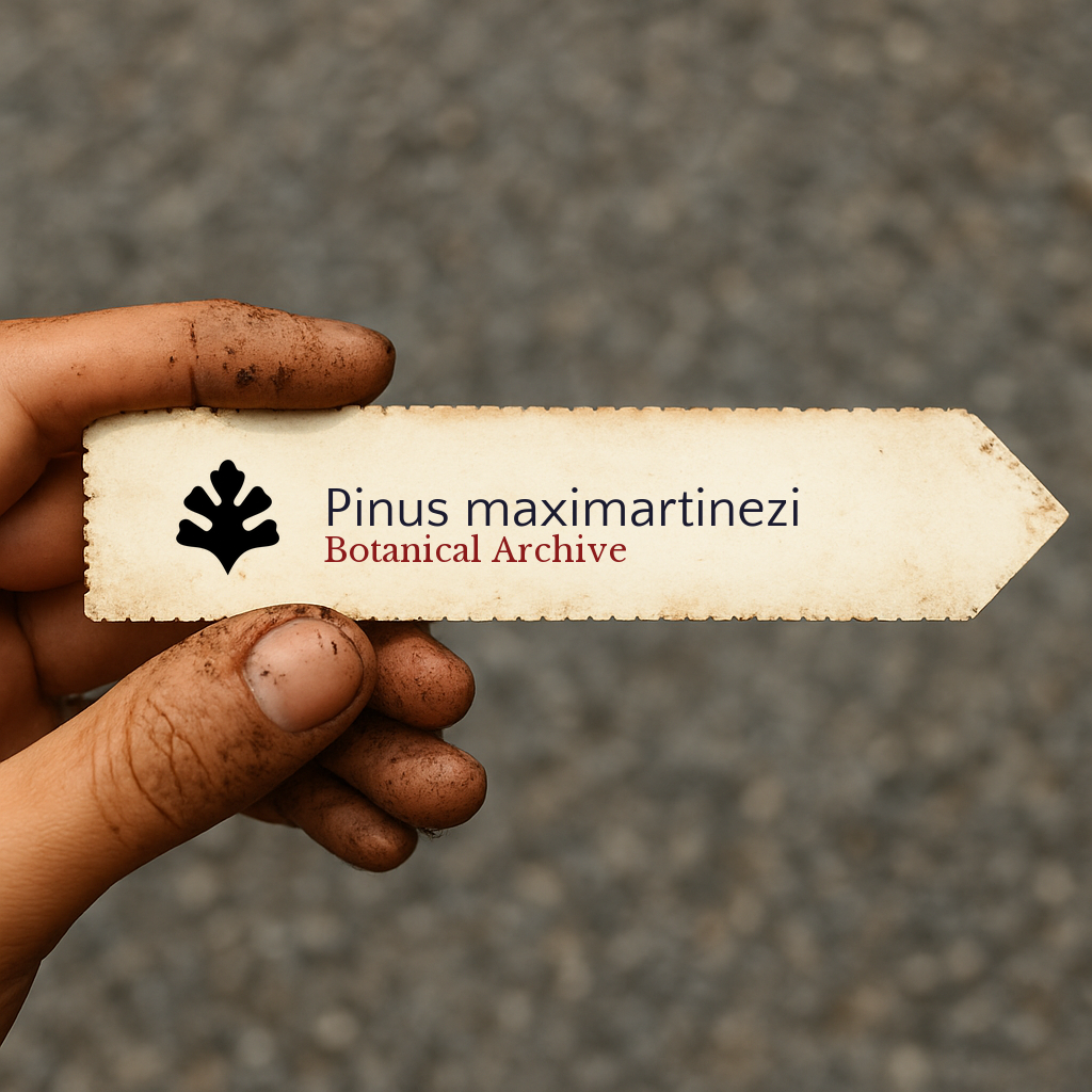 Etichetta stampata per pianta di Pinus maximartinezi tenuta da una mano sporca su sfondo sfocato