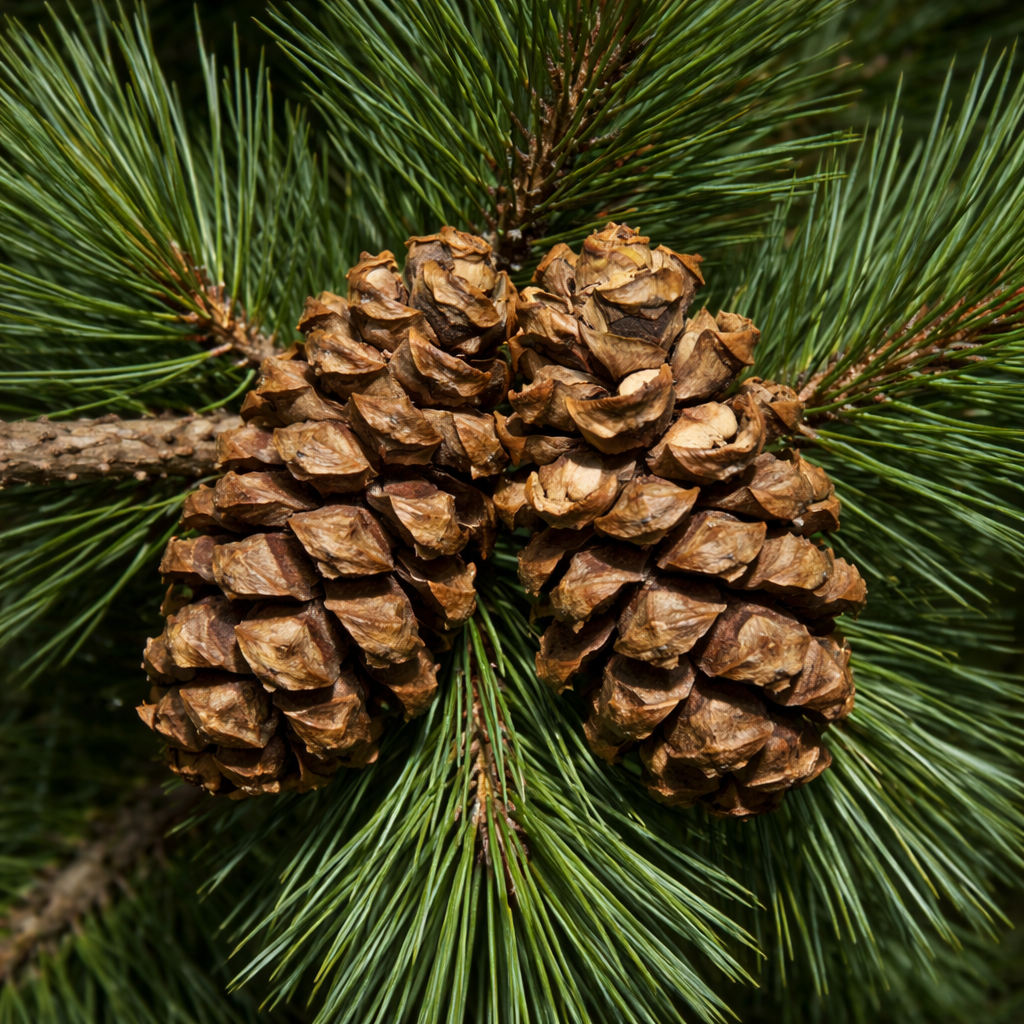 Pigne mature di Pinus cembroides subsp. orizabensis con lunghi aghi verdi, primo piano