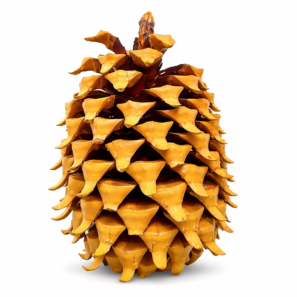 Grande cono seme marrone di Pinus coulteri con squame legnose spesse isolato su sfondo bianco
