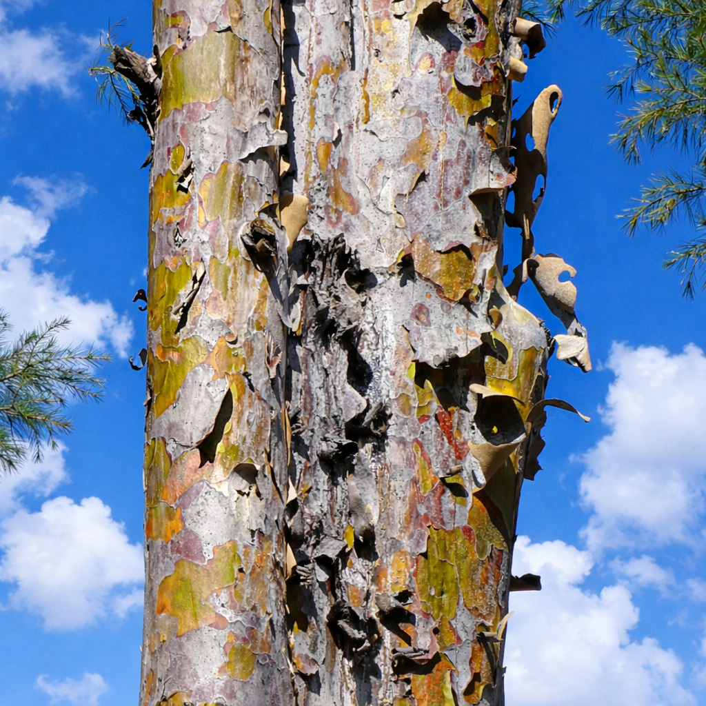 Pinus gerardiana 'Waziristan' tree trunk with peeling multicolored bark against blue sky