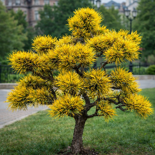 Pinus mugo cv CARSTENS WINTER GOLD dwarf mountain pine with vibrant yellow needle clusters