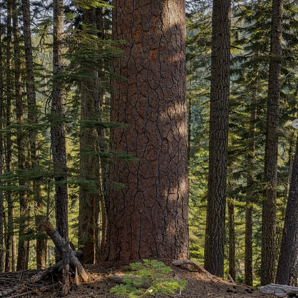 Alto albero di conifera Pinus ponderosa con corteccia spessa e strutturata in ambiente forestale