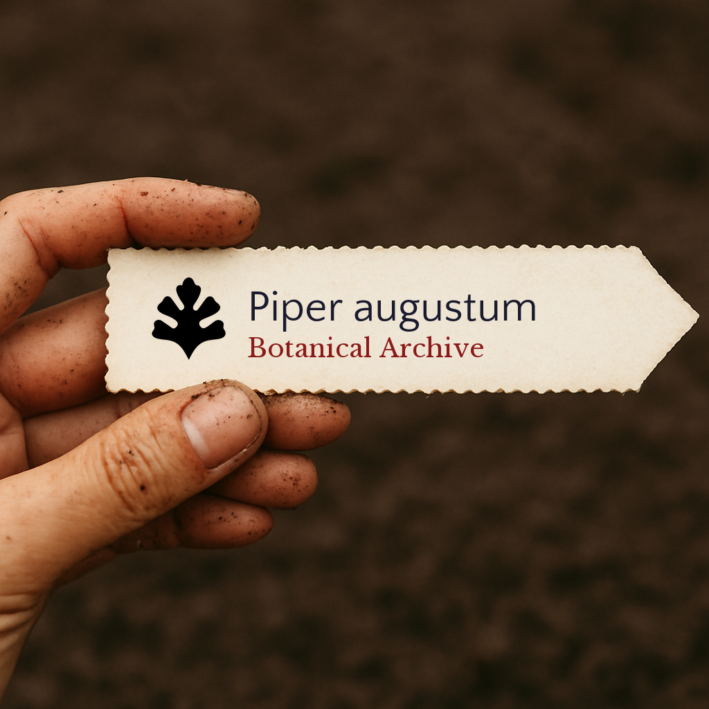 Etichetta botanica stampata per Piper augustum tenuta da mano sporca su sfondo di terreno