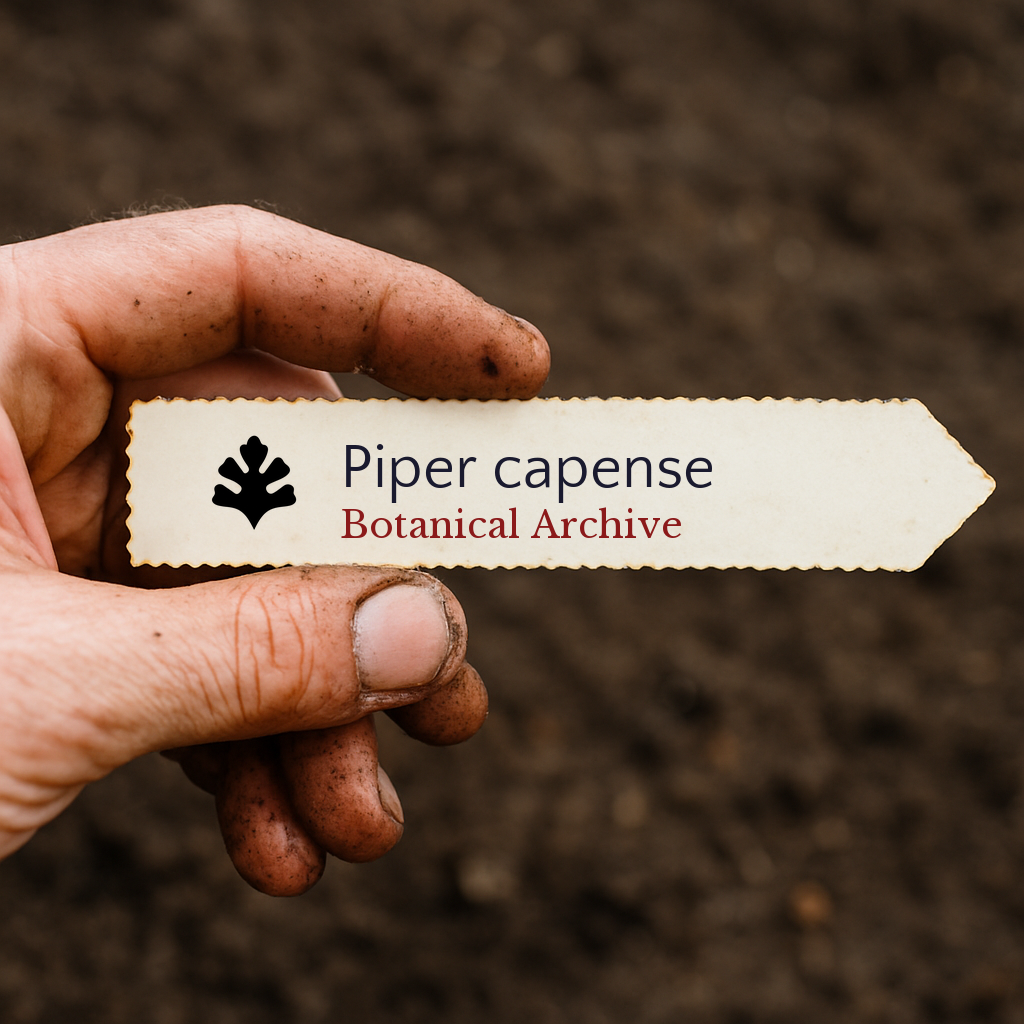 Printed plant label for Piper capense held by dirty hand over soil background