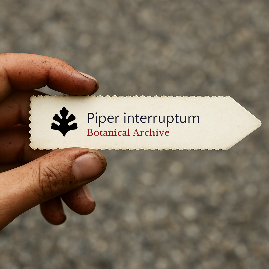 Printed plant label for Piper interruptum held by dirty hand on blurred background