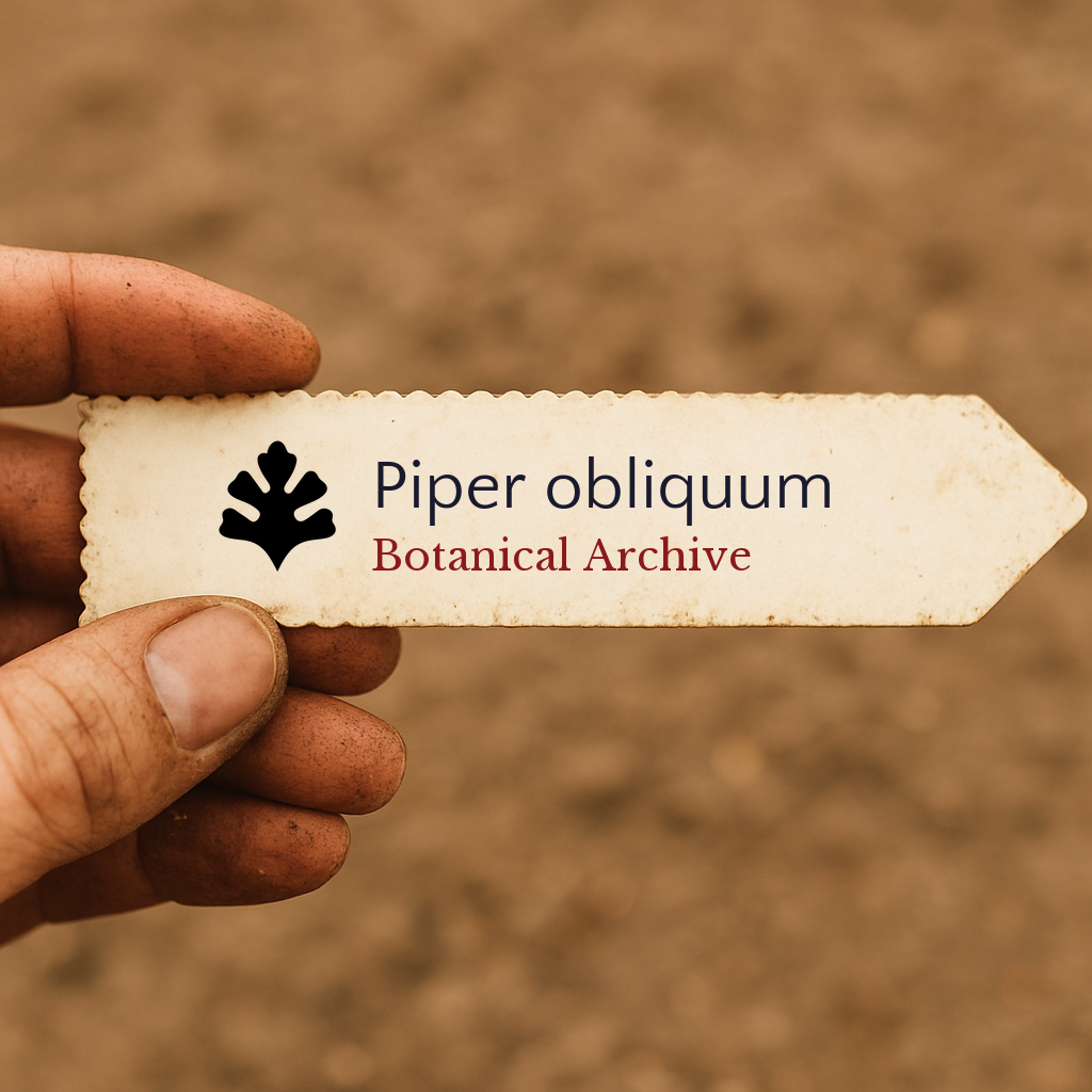 Printed plant label for Piper obliquum held by hand with soil background
