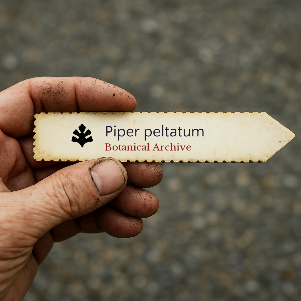 Printed plant label for Piper peltatum held by hand with dirt on fingers