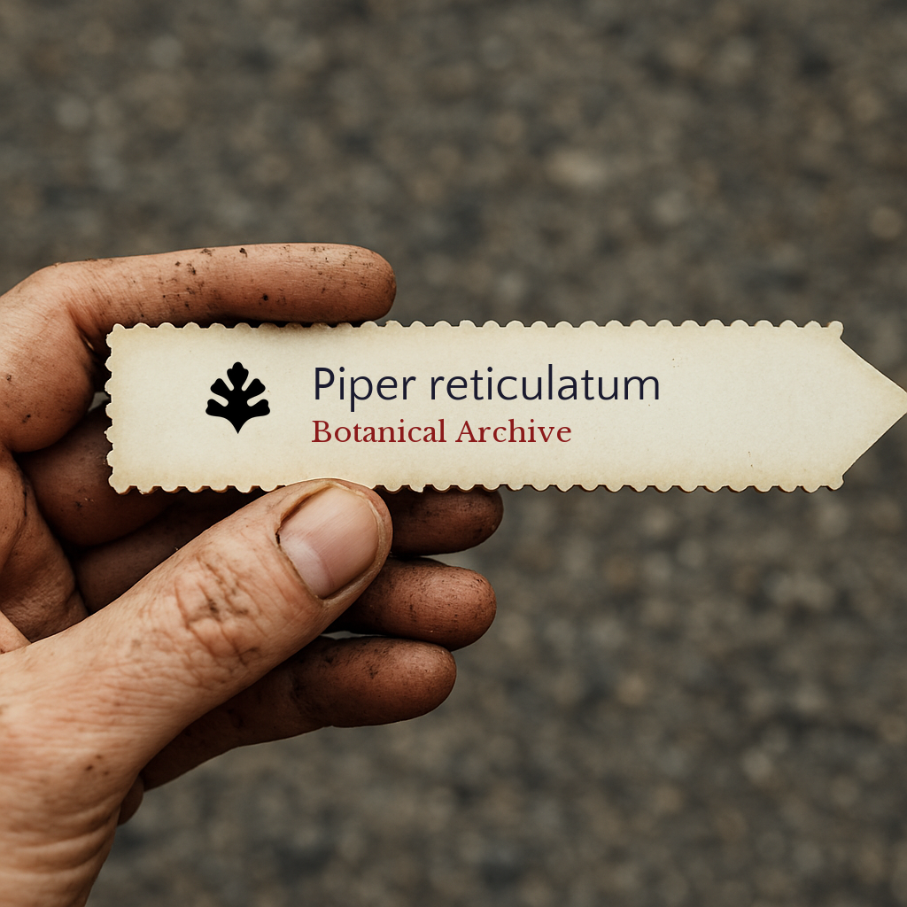 Printed plant label for Piper reticulatum held by a dirt-covered hand outdoors