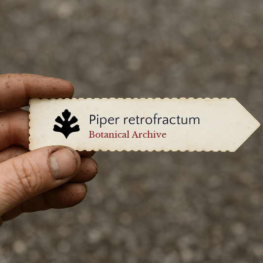 Printed plant label for Piper retrofractum held by hand with dirt on fingers