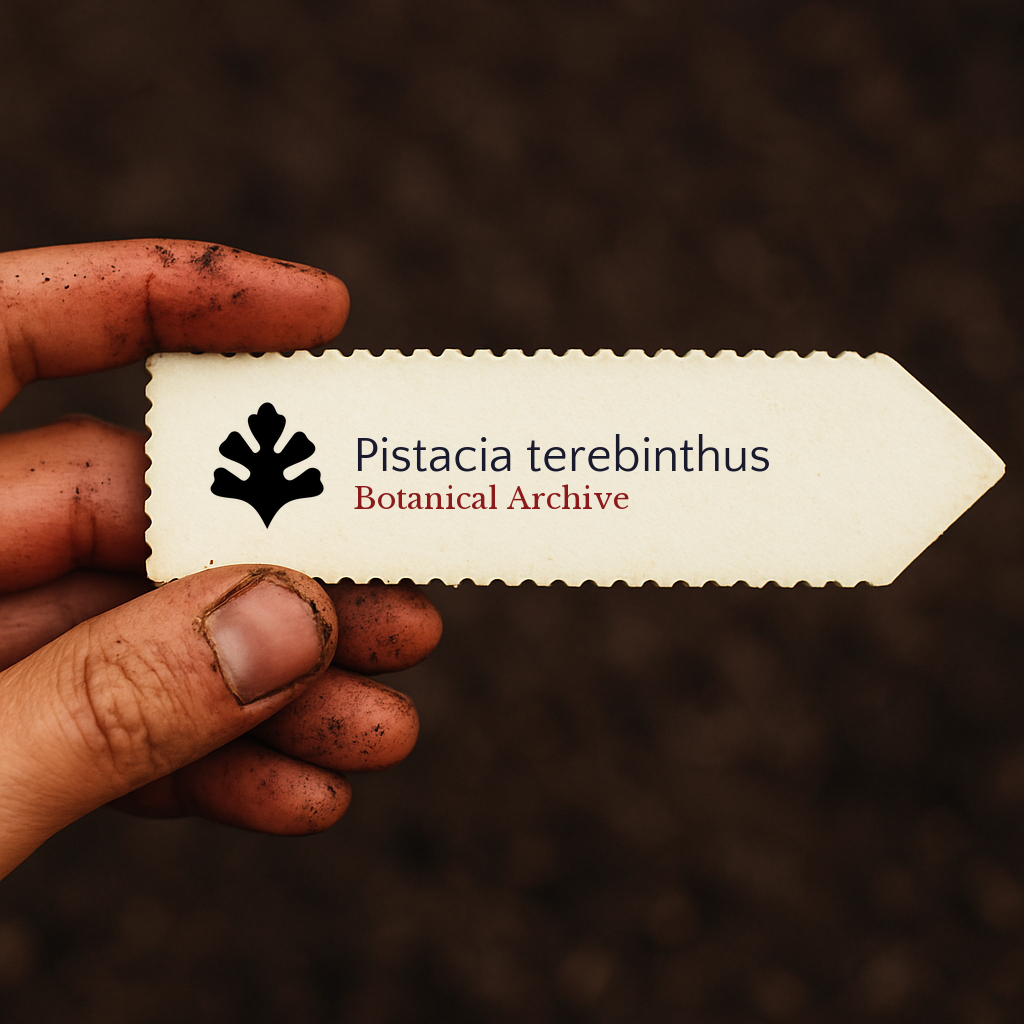 Printed plant label for Pistacia terebinthus held by hand with soil background