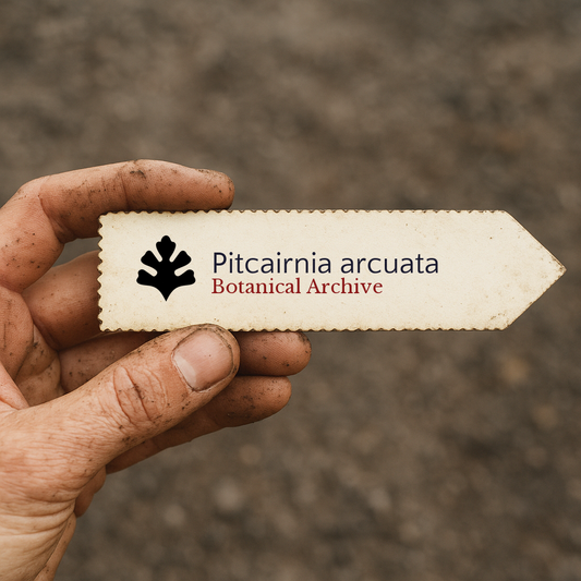 Printed plant label for Pitcairnia arcuata held by a dirt-covered hand outdoors