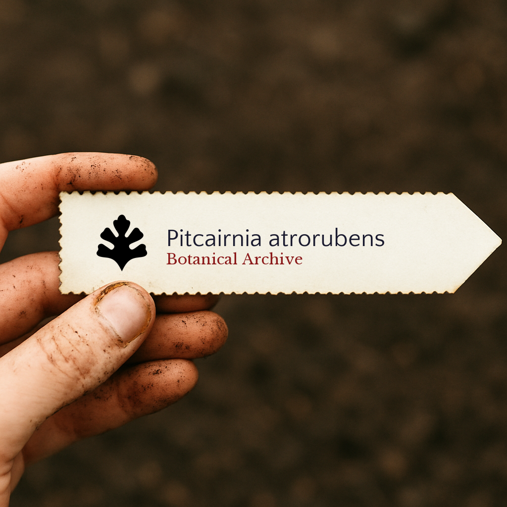Etichetta vegetale stampata per Pitcairnia atrorubens tenuta da mano sporca su sfondo di terreno
