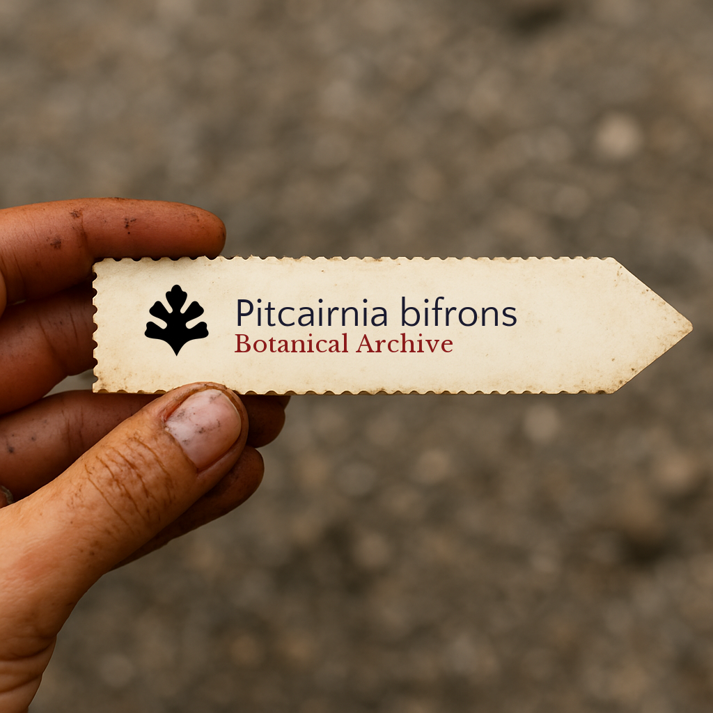 Printed plant label for Pitcairnia bifrons held by hand with soil background