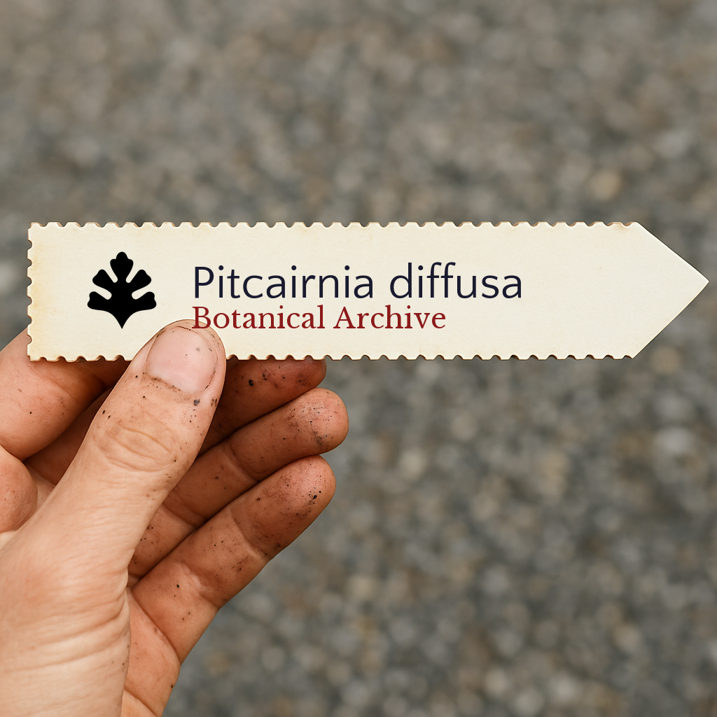 Printed plant label for Pitcairnia diffusa held by hand with soil-stained fingers