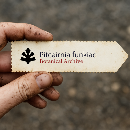 Etichetta stampata per pianta di Pitcairnia funkiae tenuta da mano sporca all'aperto