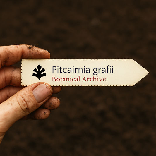 Etichetta per pianta stampata per Pitcairnia grafii su sfondo di terreno scuro