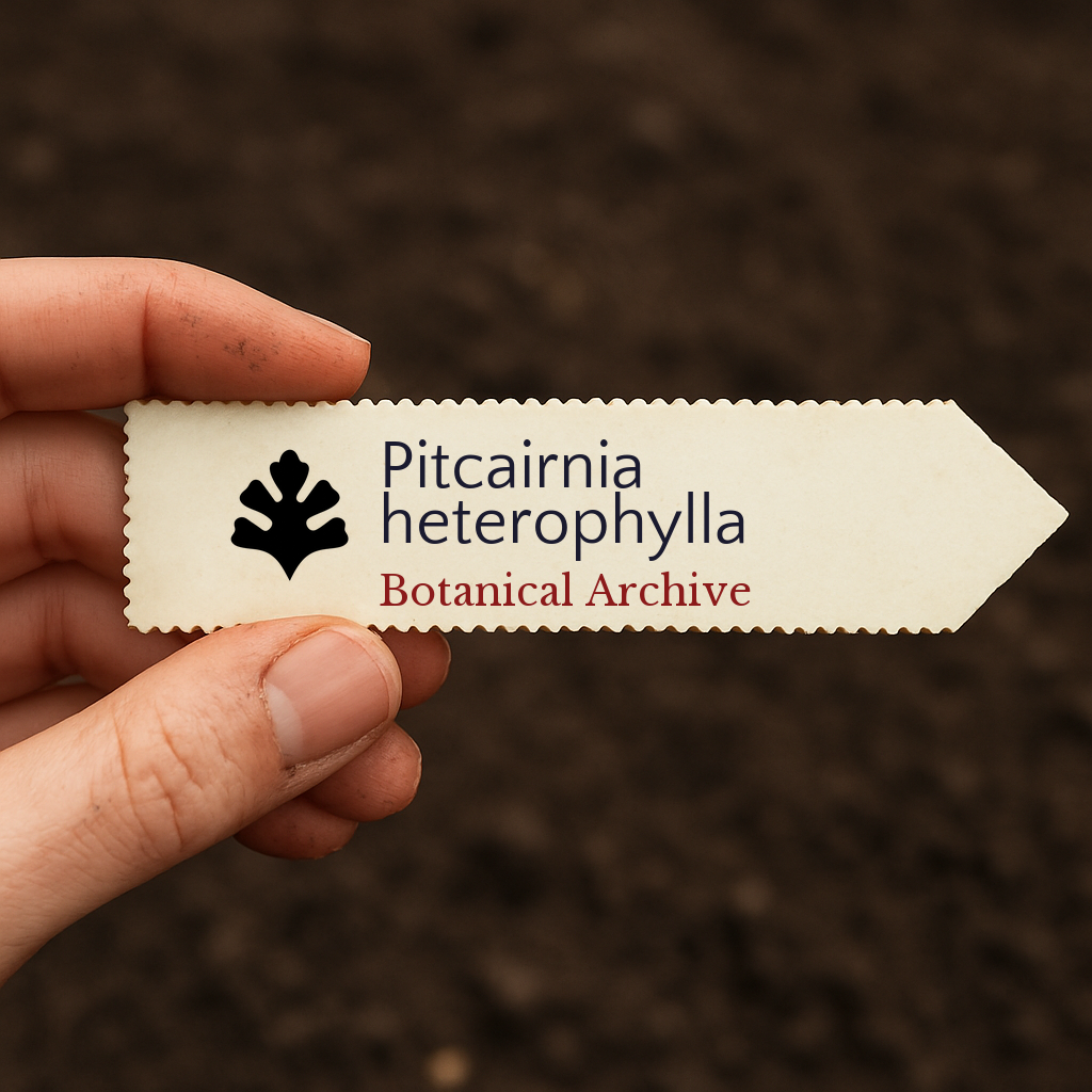 Printed plant label for Pitcairnia heterophylla with botanical archive logo held over soil background