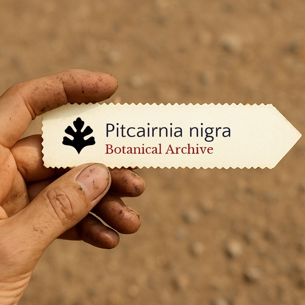 Printed plant label for Pitcairnia nigra held by dirty hand against soil background