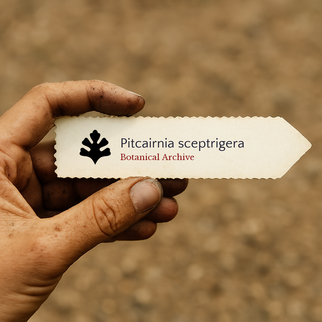 Printed plant label for Pitcairnia sceptrigera held by dirty hand outdoors