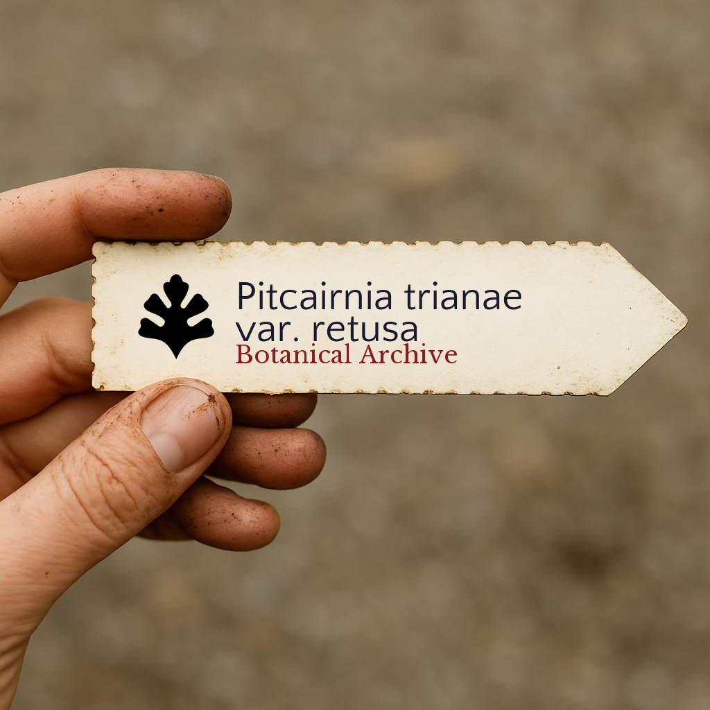 Printed plant label for Pitcairnia trianae var. retusa held by hand with dirt background